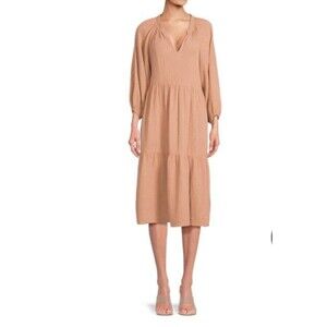 NATION LTD Imani Tiered Long Puff Sleeve Peasant Midi Dress Clay Pink Size S